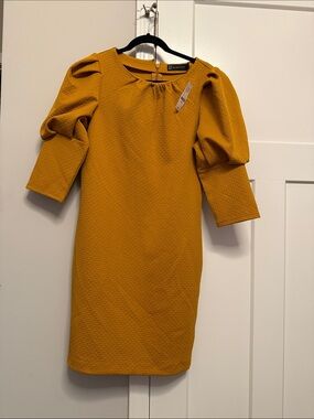 New York & Company Mustard Textured Puff-Sleeve Long Sleeve Dress